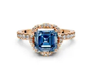 Halo Engagement Ring Setting for Fancy Blue Asscher Cut Center with Openwork Halo, Pave Band and Prong Head in Rose Gold