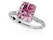 Hidden Halo Engagement Ring Setting for Fancy Pink Radiant Cut Center with Pave Band and Prong Head in White Gold