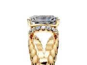 Halo Engagement Ring Setting for Emerald Cut Center with Rope Twist Split Shank and Prong Head in Yellow Gold