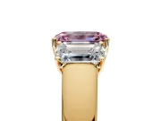 3 Stone Engagement Ring Setting for Fancy Pink Emerald Cut Center with Raised Basket Heads and Prong Head in Yellow Gold