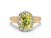 Halo Engagement Ring Setting for Fancy Yellow Oval Center with Knife Ridge Cathedral Band and Prong Head in Yellow Gold