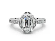 Floral Engagement Ring Setting for Emerald Cut Center with Four Accent Clusters and Prong Head in Platinum