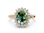 Starburst Halo Engagement Ring Setting for Fancy Green Oval Center with Thin Round-Wire Band and Prong Head in Yellow Gold