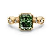 Vintage Station Engagement Ring Setting for Fancy Green Radiant Cut Center with Accents and Prong Head in Yellow Gold