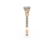 3 Stone Engagement Ring Setting for Cushion Cut Center with Round Cut Side Accents and Prong Head in Rose Gold