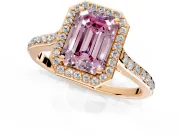 Halo Engagement Ring Setting for Fancy Pink Emerald Cut Center with Pave Accents, Heart Basket and Prong Head in Rose Gold