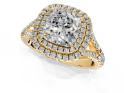 Double Halo Engagement Ring Setting for Cushion Cut Center with Narrow Pave Split Shank and Prong Head in Yellow Gold