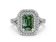 Double Halo Engagement Ring Setting for Fancy Green Emerald Cut Center with Narrow Pave Split Shank and Prong Head in White Gold