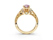 Solitaire Engagement Ring Setting for Fancy Pink Pear-Shaped Center with Filigree Accent Basket and Prong Head in Yellow Gold