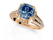 Solitaire Engagement Ring Setting for Fancy Blue Cushion Cut Center with Accented Split Shank and Prong Head in Rose Gold