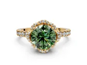 Halo Engagement Ring Setting for Fancy Green Round Cut Center with Openwork Halo, Pave Band and Prong Head in Yellow Gold