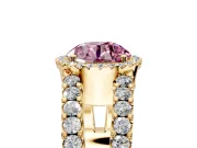 Halo Engagement Ring Setting for Fancy Pink Round Cut Center with Wide-Open Pave Split Shank and Prong Head in Yellow Gold