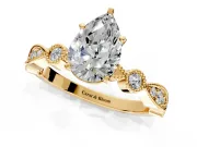 Solitaire Engagement Ring Setting for Pear-Shaped Center with Milgrain Bezel Accents and Prong Head in Yellow Gold