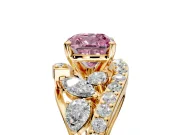 Halo Engagement Ring Setting for Fancy Pink Cushion Cut Center with Marquise and Pave Bypass Band and Prong Head in Yellow Gold
