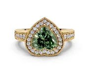 Milgrain Halo Engagement Ring Setting for Fancy Green Heart-Shaped Center with Pave Band and Prong Head in Yellow Gold