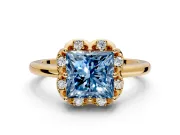 Floral Frame Engagement Ring Setting for Fancy Blue Princess Cut Center with Accent Clusters and Prong Head in Yellow Gold