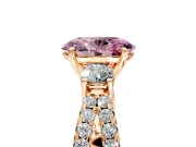 3 Stone Engagement Ring Setting for Fancy Pink Oval Center with Pave Split Shank and Prong Head in Rose Gold