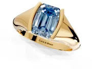 Tension Engagement Ring Setting for Fancy Blue Emerald Cut Center with Wide Tapered Band and Tension Head in Yellow Gold