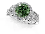 Milgrain Halo Engagement Ring Setting for Fancy Green Round Cut Center with Shoulder Bezels and Prong Head in White Gold