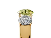3 Stone Engagement Ring Setting for Fancy Yellow Round Cut Center with Raised Basket Heads and Prong Head in Yellow Gold