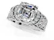 Pave Engagement Ring Setting for Asscher Cut Center with Curved Accent Rows, Openwork and Prong Head in Platinum