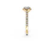 Halo Engagement Ring Setting for Cushion Cut Center with Full Pave Band and Prong Head in Yellow Gold
