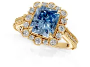 Milgrain Halo Engagement Ring Setting for Fancy Blue Radiant Cut Center with Bezel Point Accents and Prong Head in Yellow Gold