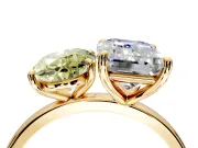 Fancy Yellow Oval and Emerald Cut Lab-Grown Diamond Toi et Moi Engagement Ring with Prong-Set Stones in Yellow Gold