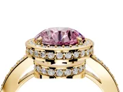 Halo Engagement Ring Setting for Fancy Pink Round Cut Center with Metal-Rimmed Halo, Pave Band and Prong Head in Yellow Gold