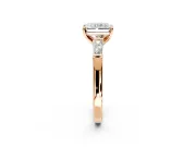 3 Stone Engagement Ring Setting for Radiant Cut Center with Tapered Baguettes, Plain Band and Prong Head in Rose Gold