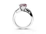3 Stone Engagement Ring Setting for Fancy Pink Heart-Shaped Center with Tapered Baguettes, Plain Band and Prong Head in Platinum