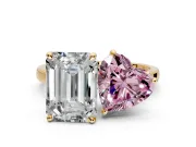 Fancy Pink Heart-Shaped and Emerald Cut Lab-Grown Diamond Toi et Moi Engagement Ring with Prong-Set Stones in Yellow Gold