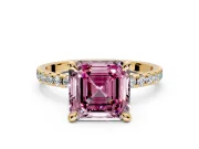 Solitaire Engagement Ring Setting for Fancy Pink Asscher Cut Center with Fine Pave Narrow Band and Prong Head in Yellow Gold
