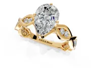 Solitaire Engagement Ring Setting for Pear-Shaped Center with Accented Twist Band and Leaf Prong Head in Yellow Gold