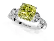 Leaf Motif Engagement Ring Setting for Fancy Yellow Cushion Cut Center with Pave Band and Prong Head in Platinum