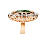 Halo Engagement Ring Setting for Fancy Green Oval Center with Milgrain Bezel Rim, Plain Band and Prong Head in Rose Gold