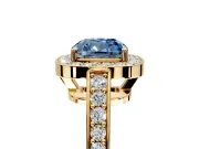 Bezel-Framed Halo Engagement Ring Setting for Fancy Blue Cushion Cut Center with Pave Band and Prong Head in Yellow Gold