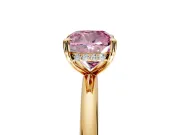 Hidden Halo Engagement Ring Setting for Fancy Pink Cushion Cut Center with Thin Rounded Band and Prong Head in Yellow Gold