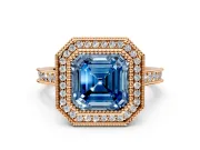 Halo Engagement Ring Setting for Fancy Blue Asscher Cut Center with Milgrain Pave Band and Bezel Head in Rose Gold