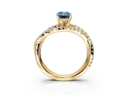 Solitaire Engagement Ring Setting for Fancy Blue Emerald Cut Center with Woven 3-Strand Pave Band and Prong Head in Yellow Gold