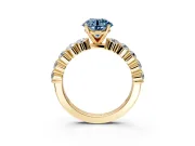 Shared-Prong Engagement Ring Setting for Fancy Blue Round Cut Center with Graduated Accents and Prong Head in Yellow Gold