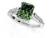 Cathedral Engagement Ring Setting for Fancy Green Radiant Cut Center with Antique-Style Pave Band and Prong Head in Platinum