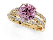 Solitaire Engagement Ring Setting for Fancy Pink Round Cut Center with Woven 3-Strand Pave Band and Prong Head in Yellow Gold