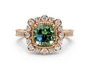 Milgrain Halo Engagement Ring Setting for Fancy Green Cushion Cut Center with Bezel Point Accents and Prong Head in Rose Gold