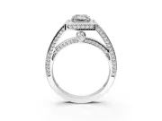 Halo Engagement Ring Setting for Emerald Cut Center with Framed Halo, Pave Band and Prong Head in Sterling Silver