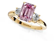 3 Stone Engagement Ring Setting for Fancy Pink Emerald Cut Center with Wide Plain Band and Prong Head in Yellow Gold
