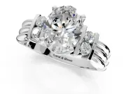 Solitaire Engagement Ring Setting for Oval Center with Grooved Bar Accent Band and Prong Head in Sterling Silver