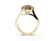 Halo Engagement Ring Setting for Fancy Pink Round Cut Center with Milgrain Frame, Pave Band and Prong Head in Yellow Gold