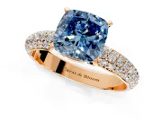 Solitaire Engagement Ring Setting for Fancy Blue Cushion Cut Center with Domed Multi-Row Pave Band and Prong Head in Rose Gold