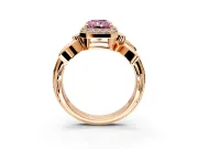 Halo Engagement Ring Setting for Fancy Pink Radiant Cut Center with Floral Band and Prong Head in Rose Gold